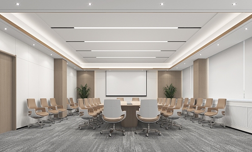 Meeting Room Conference Table Ceiling Chair Table Carpet Green Plant Curtain Display Screen Door 3d model