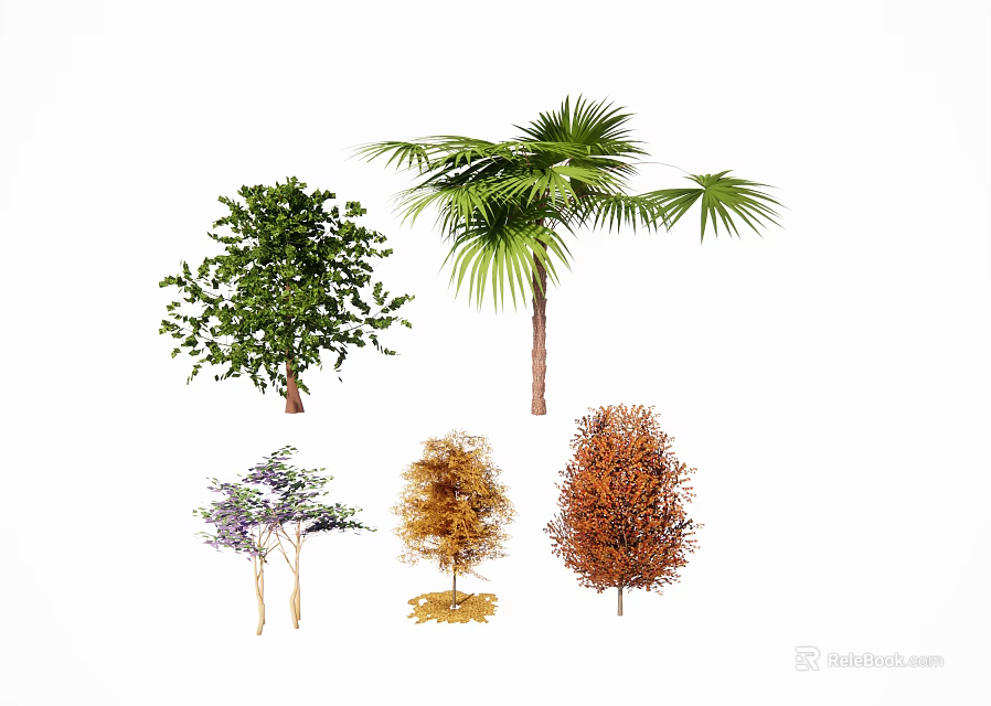 Various Types of Arbor Trees with Different Foliage Colors and Shapes in Collection 3d model 