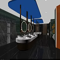 Elegant Modern Public Restroom Interior With Multiple Washbasins Round Mirrors and Marble Countertops
