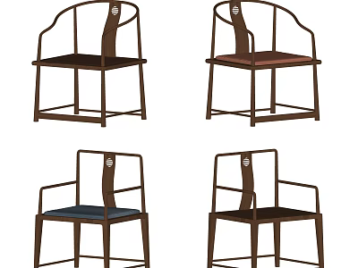Traditional Chinese Style Wooden Leisure Chairs With Curved Backrest And Colorful Upholstered Seats 3d model