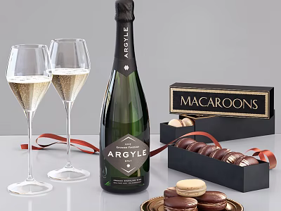 Sweet Macaroons And Argyle Champagne With Glasses Dessert Box On Table 3d model