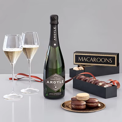 Sweet Macaroons And Argyle Champagne With Glasses Dessert Box On Table 3d model
