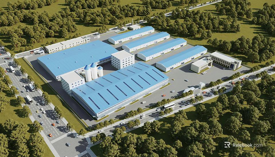 Large scale Industrial Plant With Blue Roofs Surrounding Greenery And Road Networks 3d model 