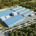 Large scale Industrial Plant With Blue Roofs Surrounding Greenery And Road Networks