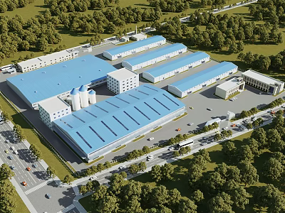 Large scale Industrial Plant With Blue Roofs Surrounding Greenery And Road Networks 3d model