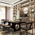 Modern Dining and Living Room Interior With Dining Table Chairs Kitchen Area And Decorative Plants