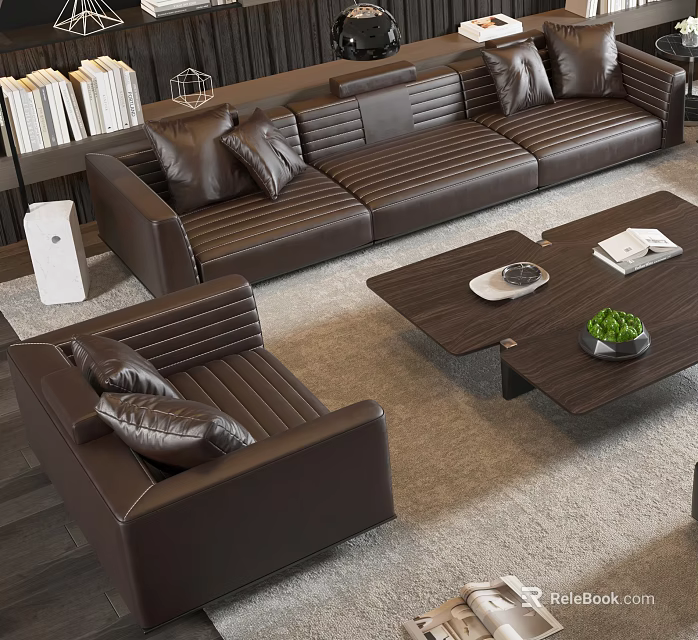 Brown Leather Sofa and Coffee Table Set with Plush Pillows Green Plant and Soft Rug 3d model 