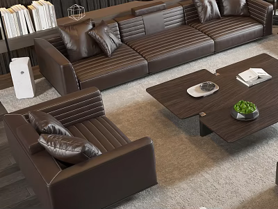 Brown Leather Sofa and Coffee Table Set with Plush Pillows Green Plant and Soft Rug 3d model