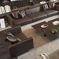 Brown Leather Sofa and Coffee Table Set with Plush Pillows Green Plant and Soft Rug