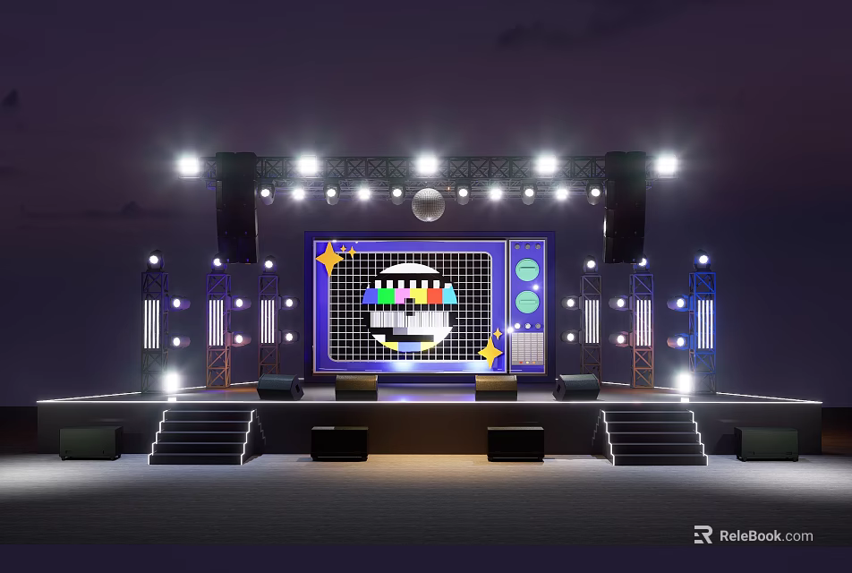 Ballroom Stage with Large Screen Cartoon Pattern Bright Lights Steps and Black Seats 3d model 