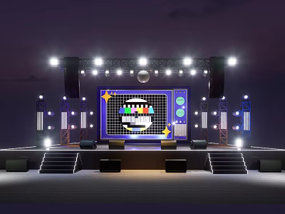 Ballroom Stage with Large Screen Cartoon Pattern Bright Lights Steps and Black Seats 3d model