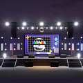 Ballroom Stage with Large Screen Cartoon Pattern Bright Lights Steps and Black Seats