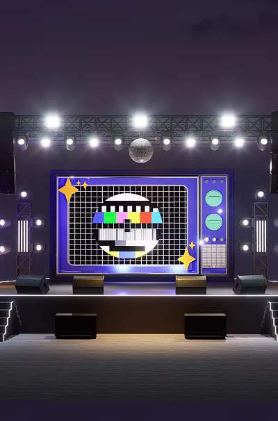 Ballroom Stage with Large Screen Cartoon Pattern Bright Lights Steps and Black Seats 3d model