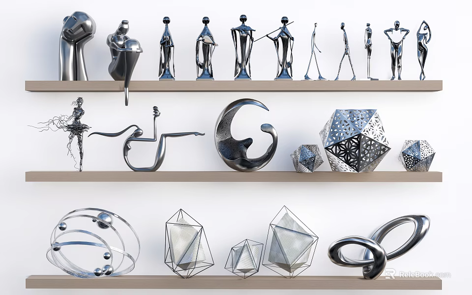 Modern Abstract Landscape Sculptures With Metallic Geometric Shapes And Various Forms 3d model 