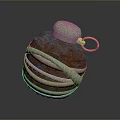 Reddish Brown Grenade Weapon Wrapped With Beige Cloth Straps Top Fuse And Metal Ring