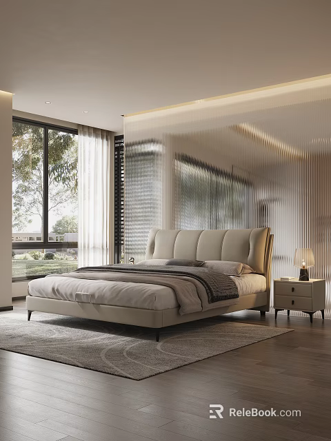 Modern Double Bed With Beige Leather Headboard In Bedroom With Natural Light Nightstand And Lamp 3d model 
