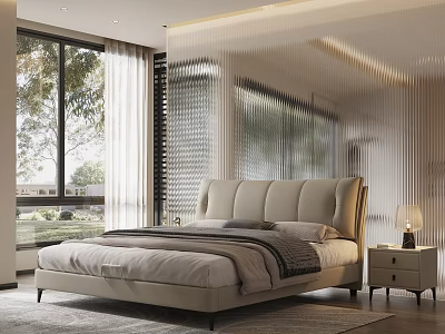 Modern Double Bed With Beige Leather Headboard In Bedroom With Natural Light Nightstand And Lamp 3d model