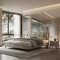 Modern Double Bed With Beige Leather Headboard In Bedroom With Natural Light Nightstand And Lamp