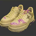 White And Beige Casual Sneakers With Star Pattern On Upper And Platform Sole