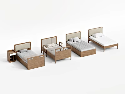 Modern Single Beds With Wooden Frames And Different Design Options Including Bedside Tables 3d model