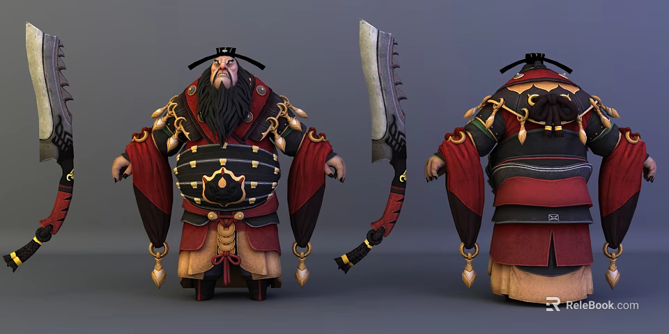 Game Character With Traditional Armor Long Beard And Large Eastern Style Axe 3d model