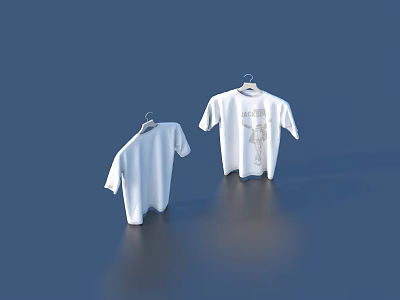 Two White T Shirts Hanging On Hangers Against Blue Background 3d model