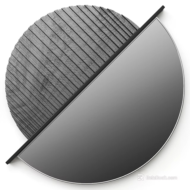 Round Mirror With Half Vertical Striped Dark Material And Smooth Mirrored Surface Black Frame 3d model 