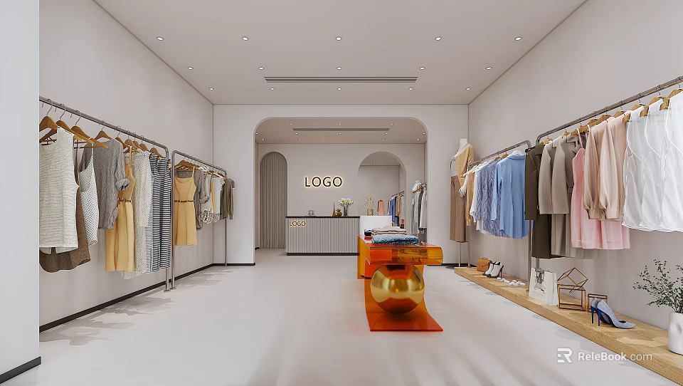 Bright Modern Clothing Store Interior Featuring Hanging Clothes Racks Display Table And Logo Wall 3d model 