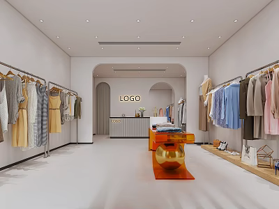 Bright Modern Clothing Store Interior Featuring Hanging Clothes Racks Display Table And Logo Wall 3d model
