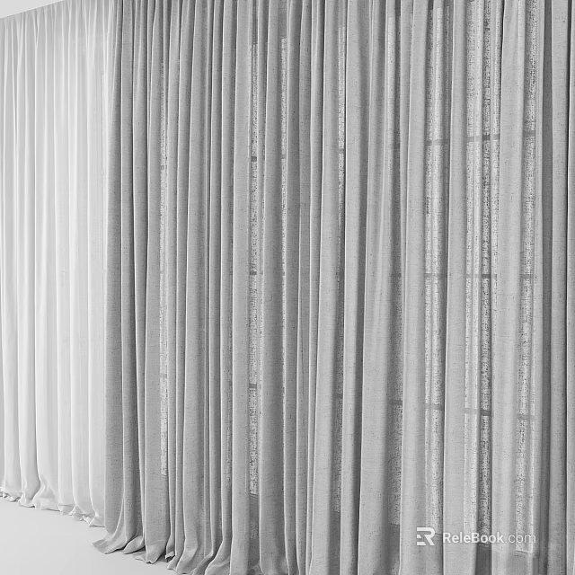 Modern Gray And White Curtains With Vertical Lines And Smooth Fabric Texture 3d model 