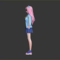 Game Character With Pink Hair Cat Ears Blue Sweater Red Heart And Pink Knife