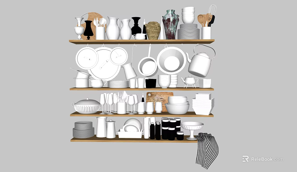 Organized Dinnerware Set With Bowls Plates Mugs Vases On Wooden Shelves 3d model 