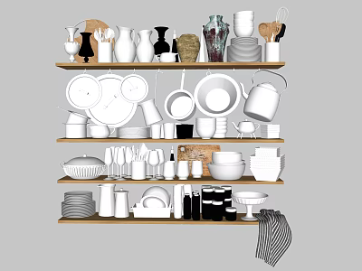 Organized Dinnerware Set With Bowls Plates Mugs Vases On Wooden Shelves 3d model