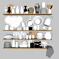 Organized Dinnerware Set With Bowls Plates Mugs Vases On Wooden Shelves