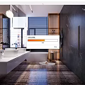 Elegant Modern Bathroom Interior Design With White Vanity Bathtub Marble Walls And Wooden Shelves