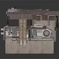 Industrial Ruined Building Structure With Rusty Metal Roof Concrete Wall And Mechanical Parts