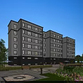 Modern Multistory Residential Building Exterior With Greenery Lawns Trees And Park Benches
