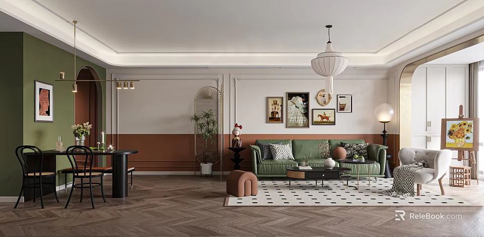 Elegant Dining Living Room Interior With Green Sofa Artwork Area Rug And Pendant Lighting 3d model 