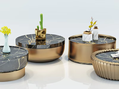 Modern Round Coffee Tables With Marble Top And Gold Frame And Decorative Vases Plants 3d model