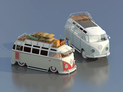 Two Classic Volkswagen Vans With Roof Racks And Vintage Luggage Design 3d model