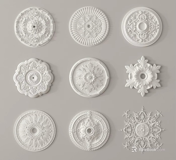 White Circular Carved Decorations With Various Floral And Geometric Patterns 3d model 