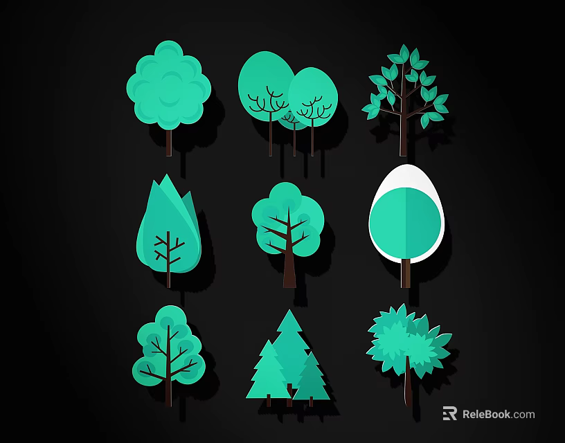 Green Tree Silhouette Wall Decor with Various Leaf Shapes on Black Background 3d model