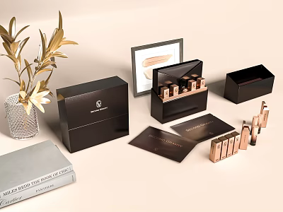 Elegant Perfume Cosmetics Collection With Gold Bottles Black Packaging Brand Cards And Decorative Plants 3d model