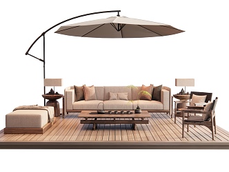 New Chinese Style Outdoor Sofa Coffee Table Combination Leisure Chair Coffee Table Decoration Table Lamp Sunshade Umbrella 3d model