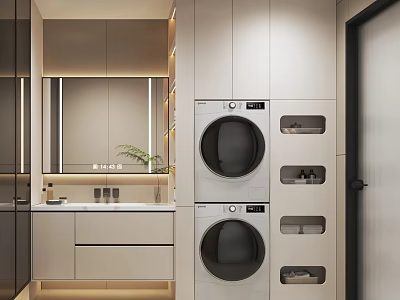 Modern Bathroom Interior With Stacked Washing Machine Dryer Storage Cabinets Mirror And Vanity 3d model