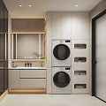 Modern Bathroom Interior With Stacked Washing Machine Dryer Storage Cabinets Mirror And Vanity