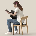 A Woman sitting on wooden chair playing acoustic guitar wearing white T-shirt and blue jeans