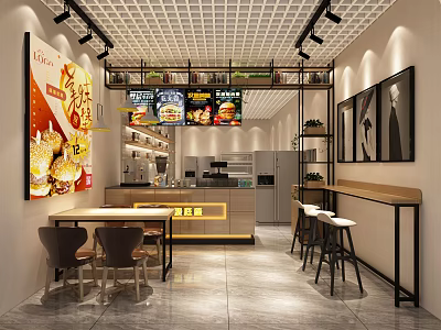 Modern Restaurant Interior With Open Layout Bar Counter Tables Chairs Menu Boards And Grid Lighting 3d model