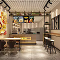 Modern Restaurant Interior With Open Layout Bar Counter Tables Chairs Menu Boards And Grid Lighting