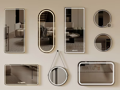 Various Modern Wall Mounted Mirrors Featuring Illuminated Oval Round And Rectangular Designs 3d model